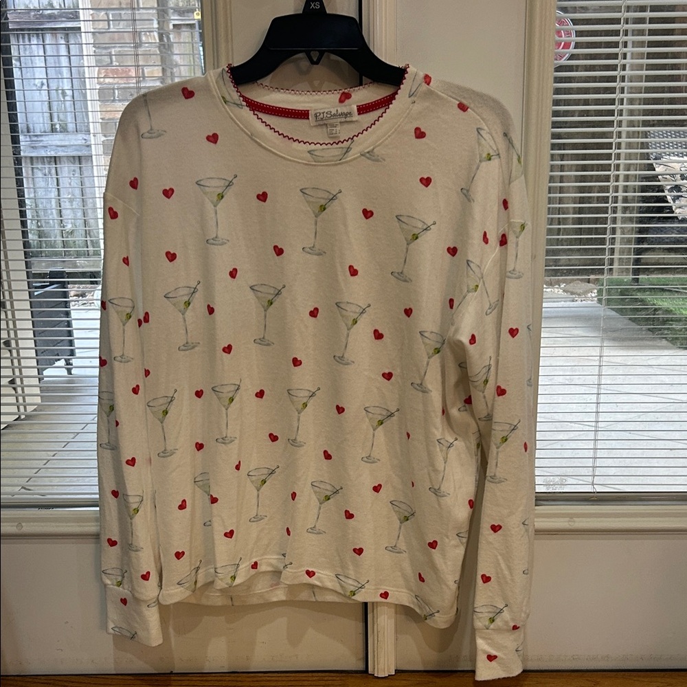 PJ Salvage Cream Top with Martini and Red Heart Print